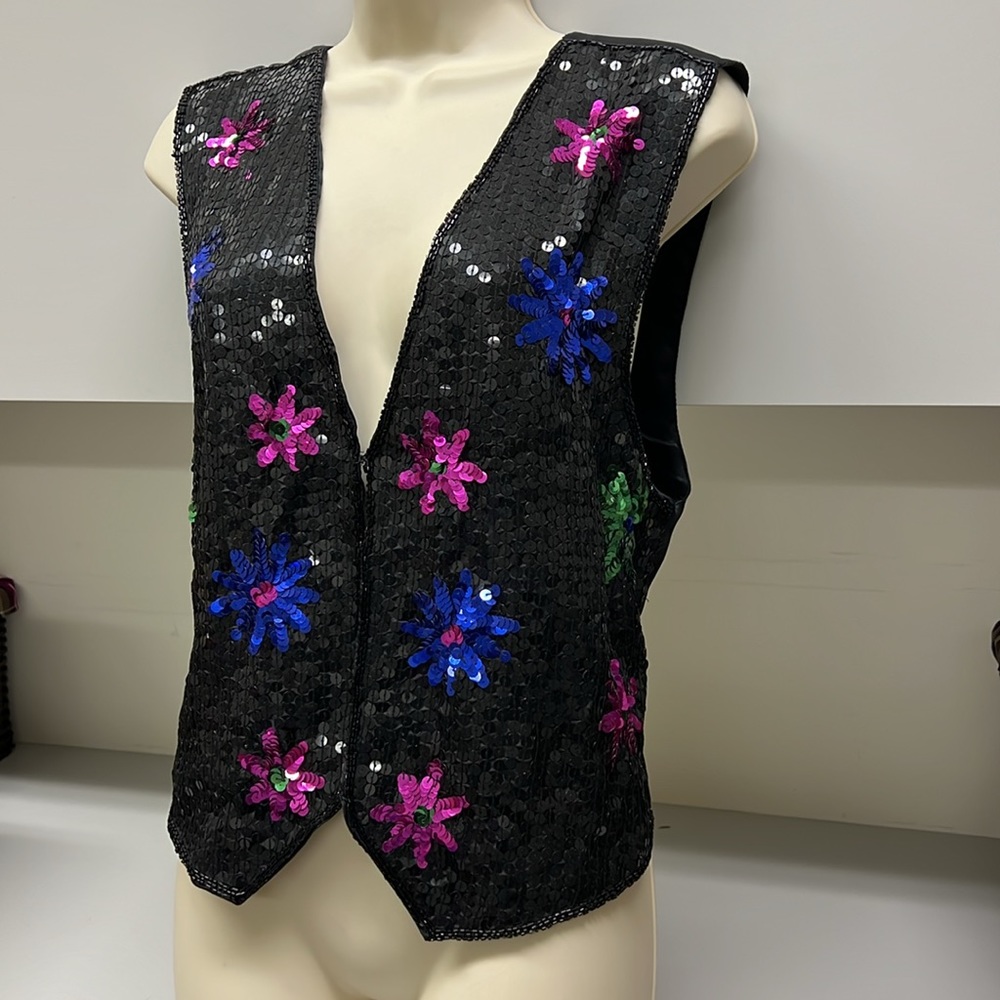 Beautiful sequin floral vest- black with vibrant fun flowers! new without tags